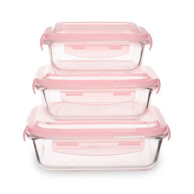 Set of 3 Rectangular Glass Containers with Pink Lids | Freska