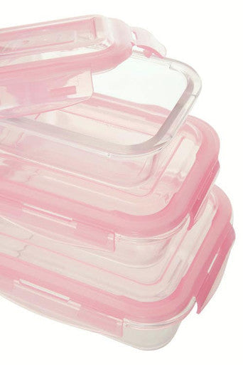 Set of 3 Rectangular Glass Containers with Pink Lids | Freska