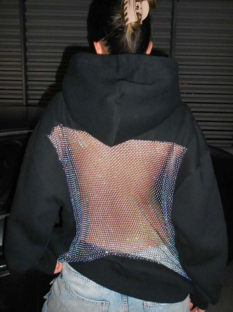 Casual Patchwork Mesh Diamond Hooded Sweatshirt