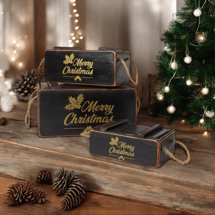 S/3 BLACK WOODEN CRATES WITH LIDS ROPE HAN