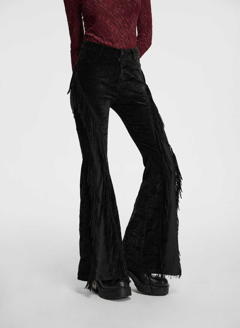 Punk Rave Morrigan Wasteland Tassel Flare Goth Trousers in Black