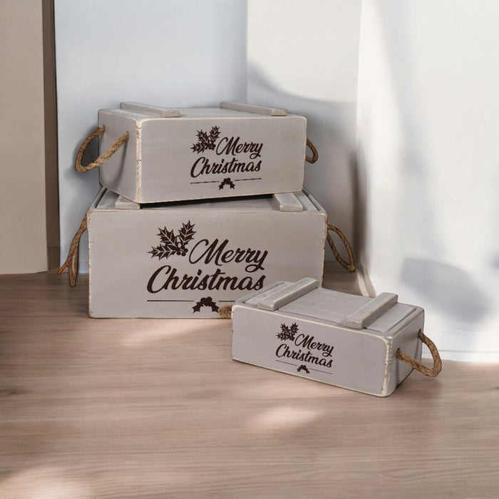 S/3 RUSTIC GREY CRATES WITH LIDS ROPE HAND