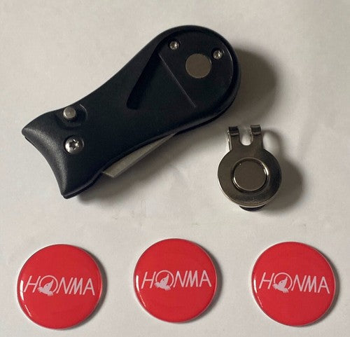 Honma Golf Magnetic Hat Clip with Pitchfork and 3 Ball Markers