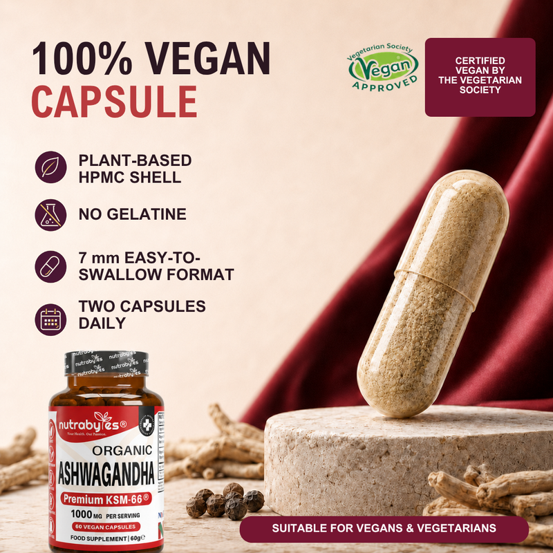 Organic Ashwagandha KSM66® 1000mg Per Serving with Organic Black Pepper, Certified Organic by Soil Association