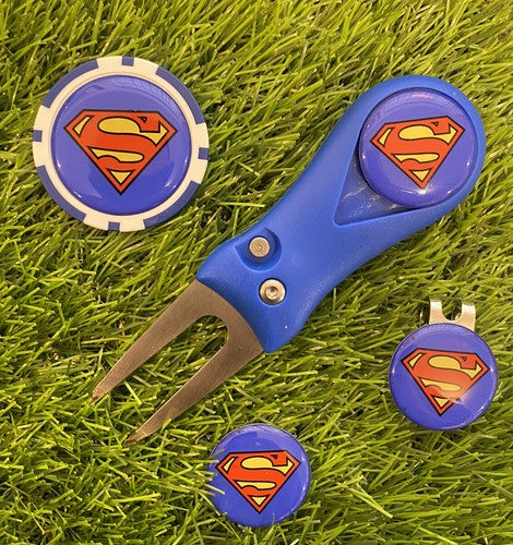 Magnetic Golf Hat Clip Set: Pitchfork, 3 Superman Markers, Poker Chip