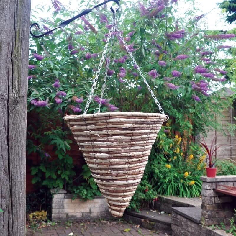 12 Inch Rope Rattan Cone Hanging Basket with Liner and Chain