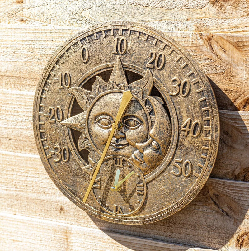 12 Inch Sun and Moon Wall Clock with Outdoor Thermometer 30cm