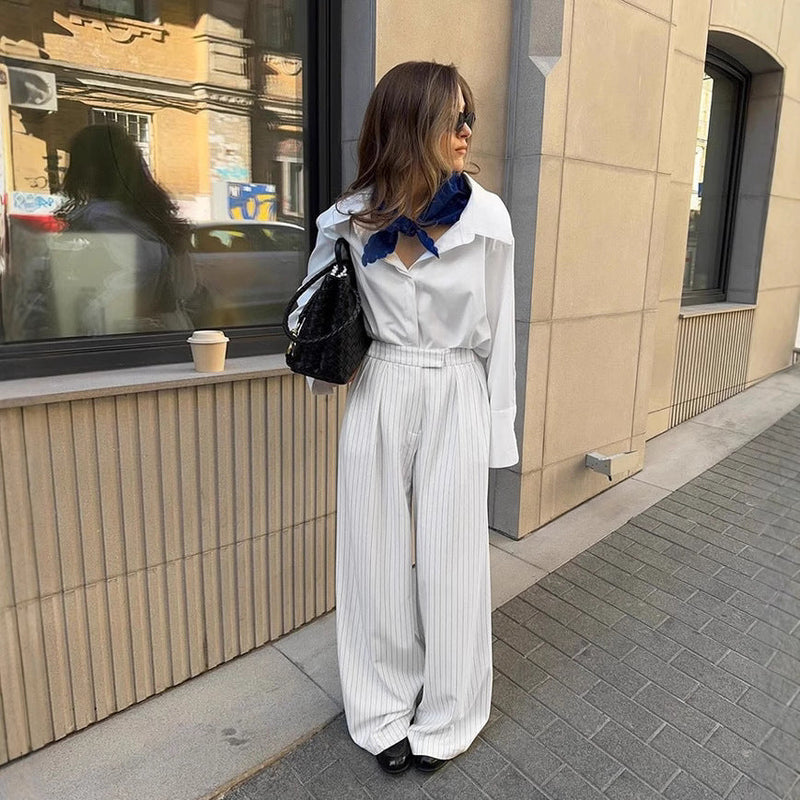 Commuting Loose Casual White Striped Wide-leg Pants