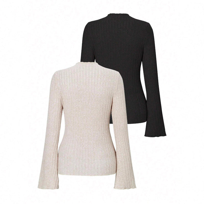 Long Sleeve Round Neck Brushed Sunken Stripe Solid Color Slim Fit Top