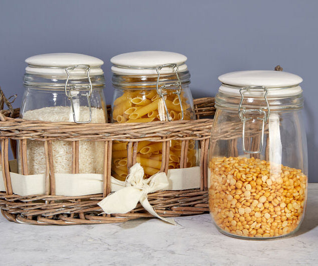 Set of 3 Glass Jars in a Basket | Country Cottage