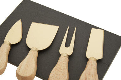 Slate Board and 4 Piece Cheese Knife Set in Gold Finish | Carter