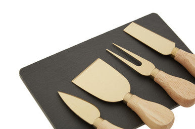 Slate Board and 4 Piece Cheese Knife Set in Gold Finish | Carter