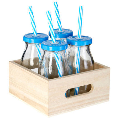 Set of 4 Milk Bottles with Blue Straws and Lids | Dayla