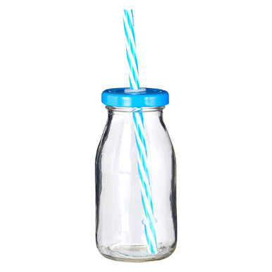Set of 4 Milk Bottles with Blue Straws and Lids | Dayla