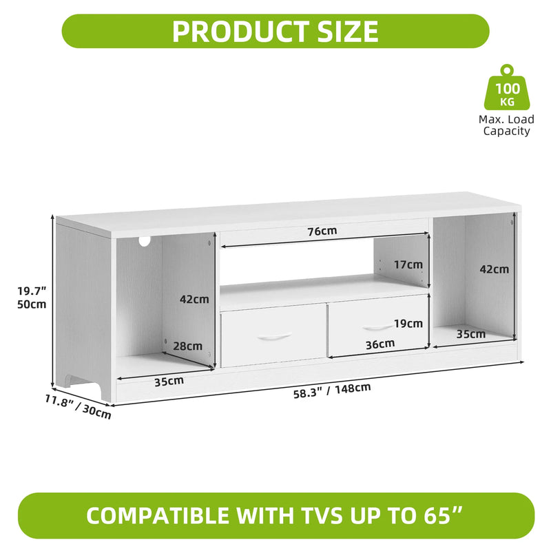148cm White TV Stand for 65 Inch TV with Doors & Adjustable Shelves Home Table