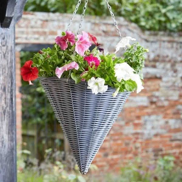 14 Inch Slate Faux Rattan Cone Hanging Basket with Liner