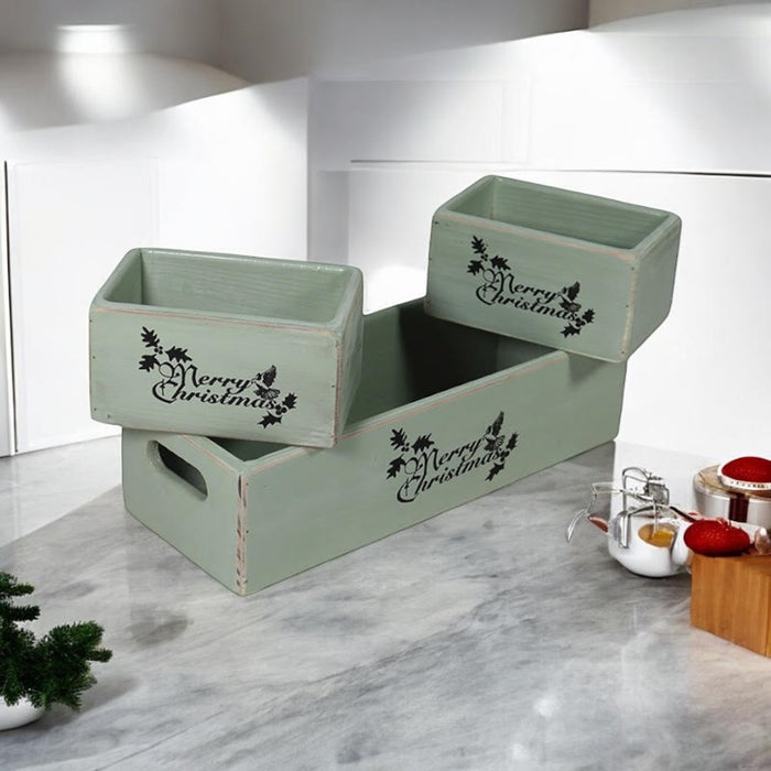 34/15/15CM SET 3 RUSTIC GREEN WOODEN BOXES