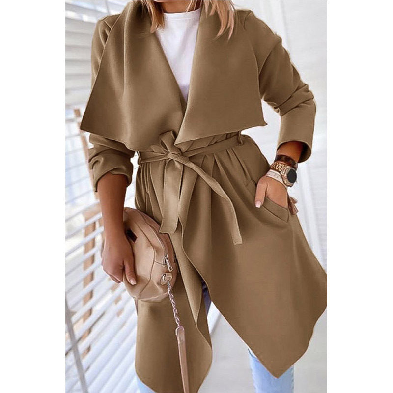 Lapel solid color long trench coat