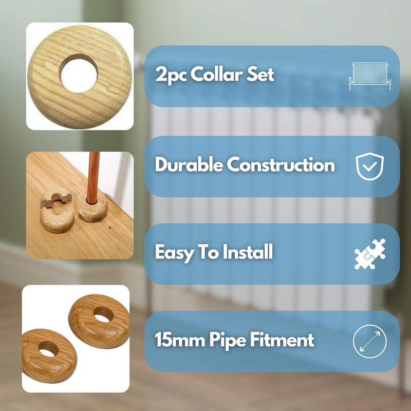 2 Pack Oak Radiator Pipe Covers 15mm Wooden Collars
