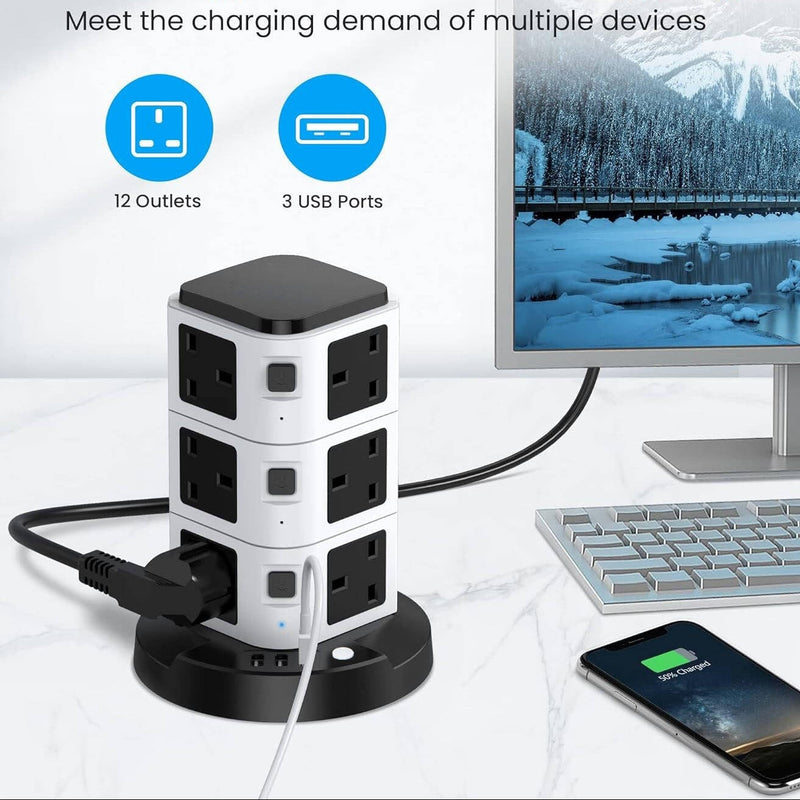 16-in-1 Tower Extension Lead 12 Sockets 3 USB Ports Power Strip Surge Protection