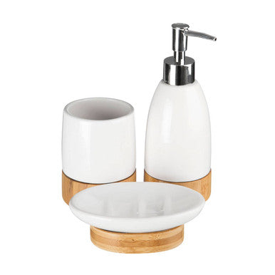 White Ceramic and Bamboo 3 Piece Bathroom Set | Earth