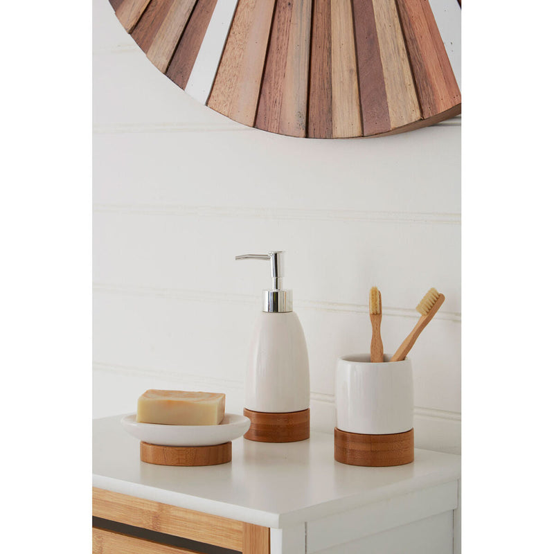 White Ceramic and Bamboo 3 Piece Bathroom Set | Earth