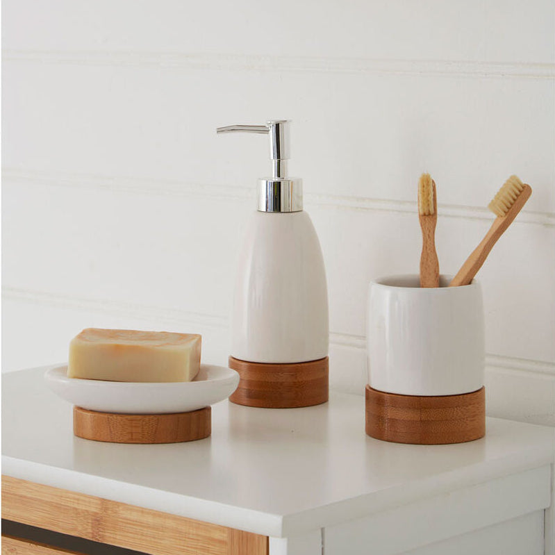 White Ceramic and Bamboo 3 Piece Bathroom Set | Earth