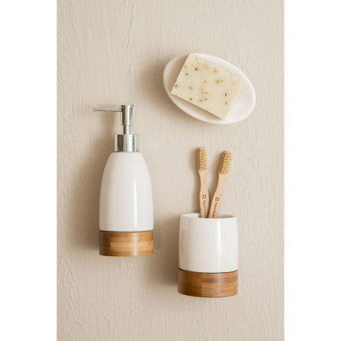 White Ceramic and Bamboo 3 Piece Bathroom Set | Earth