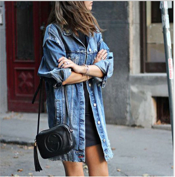 Mid-length Dark Ripped Denim Trench Coat