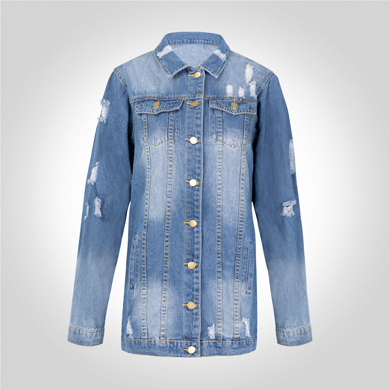 Mid-length Dark Ripped Denim Trench Coat