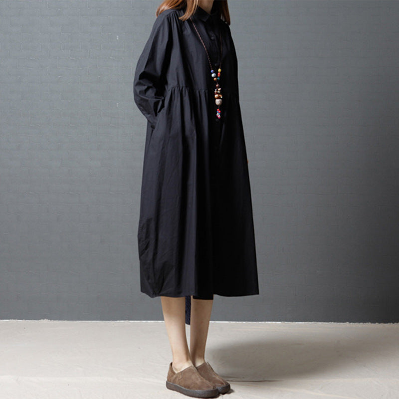 Fashion Solid Color Long-sleeved Dress Mid-length Lapel