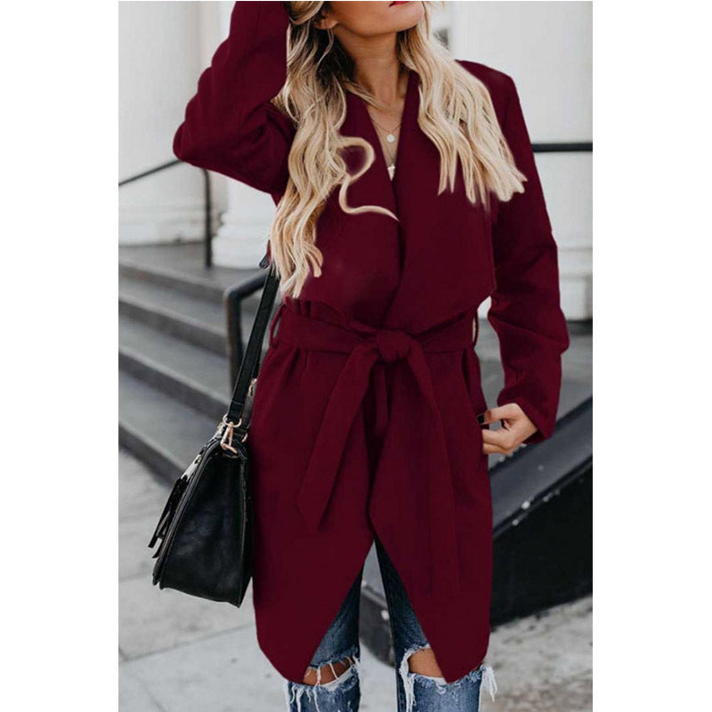 Lapel solid color long trench coat