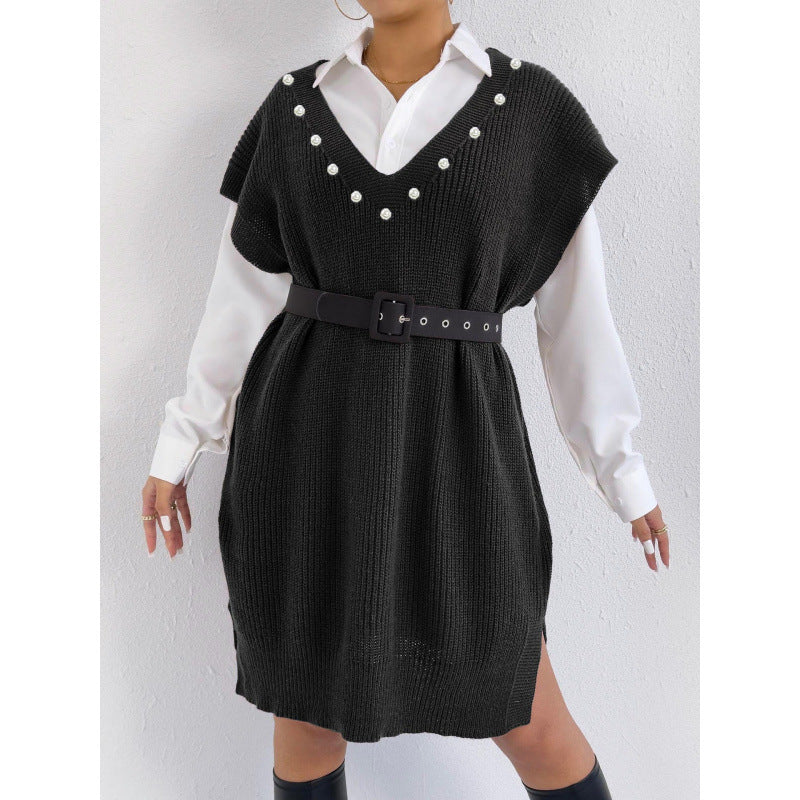 Preppy Style Casual Vest Dress V-neck Beaded Loose
