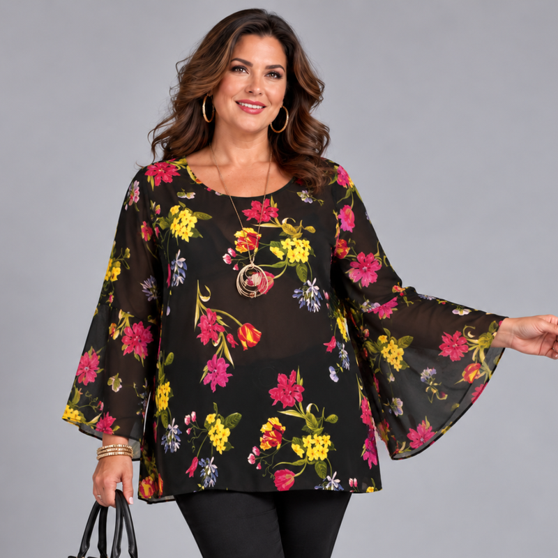 Floral Chiffon Blouse with Bell Sleeves