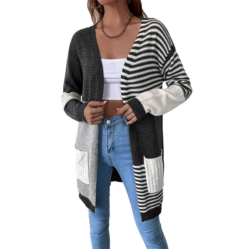 Women's Patchwork Stripes Cardigan Sweater Coat