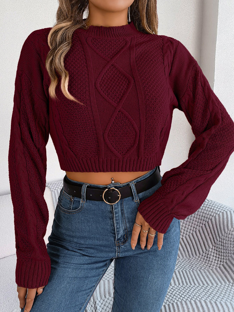 Women Casual Solid Color Cable Knit Long Sleeve Cropped Pullover