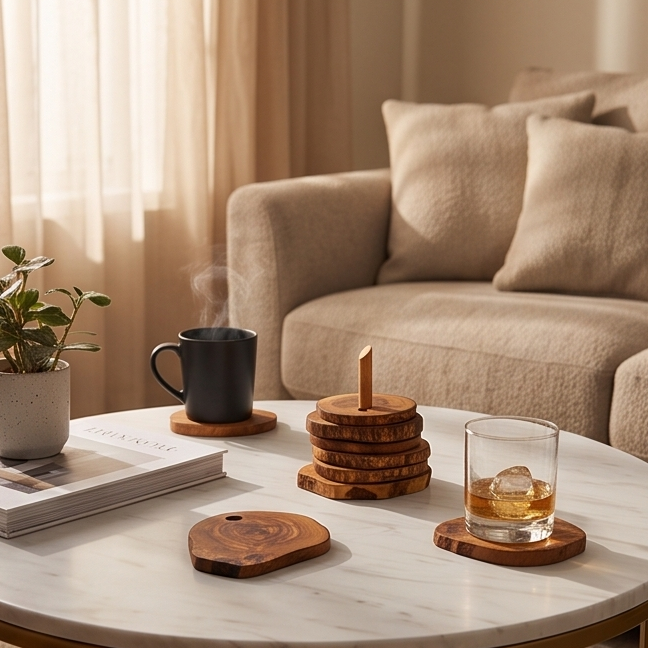 Handcrafted Olive Wood Coaster Set - Rustic Live Edge Drink Coasters with Holder