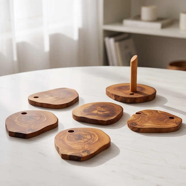 Handcrafted Olive Wood Coaster Set - Rustic Live Edge Drink Coasters with Holder