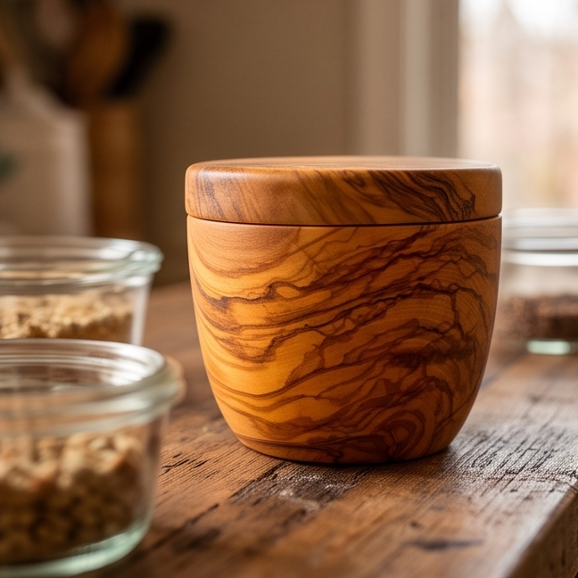 Handcrafted Olive Wood Sugar Jar with Swivel Lid | Salt Cellar (10x8 cm)