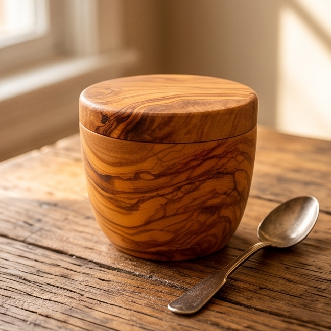 Handcrafted Olive Wood Sugar Jar with Swivel Lid | Salt Cellar (10x8 cm)
