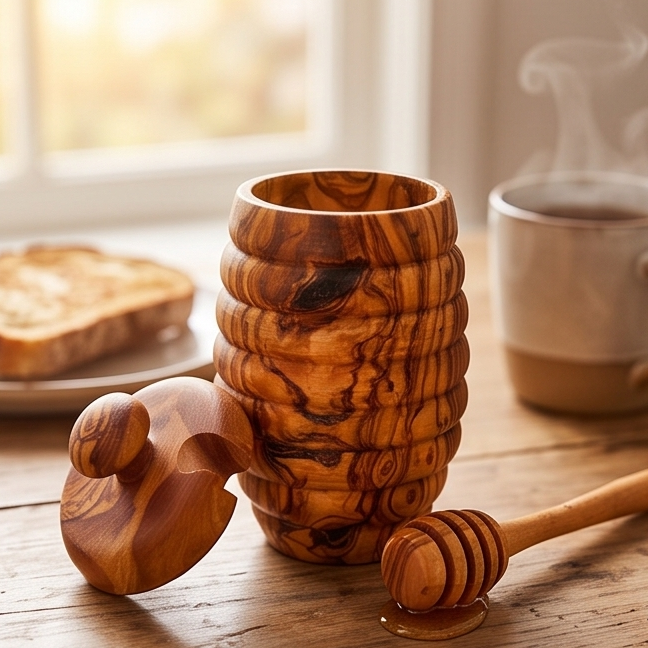 Handcrafted Hive Shaped Olive Wood Honey Pot with Dipper | 7x13 cm