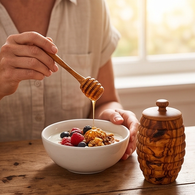 Handcrafted Hive Shaped Olive Wood Honey Pot with Dipper | 7x13 cm