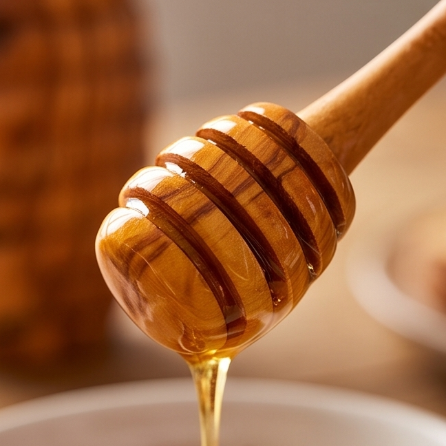 Handcrafted Hive Shaped Olive Wood Honey Pot with Dipper | 7x13 cm