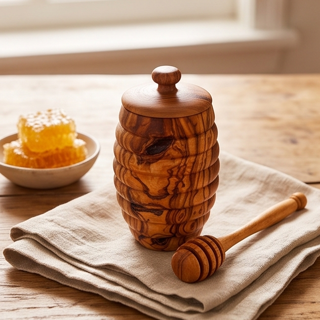 Handcrafted Hive Shaped Olive Wood Honey Pot with Dipper | 7x13 cm