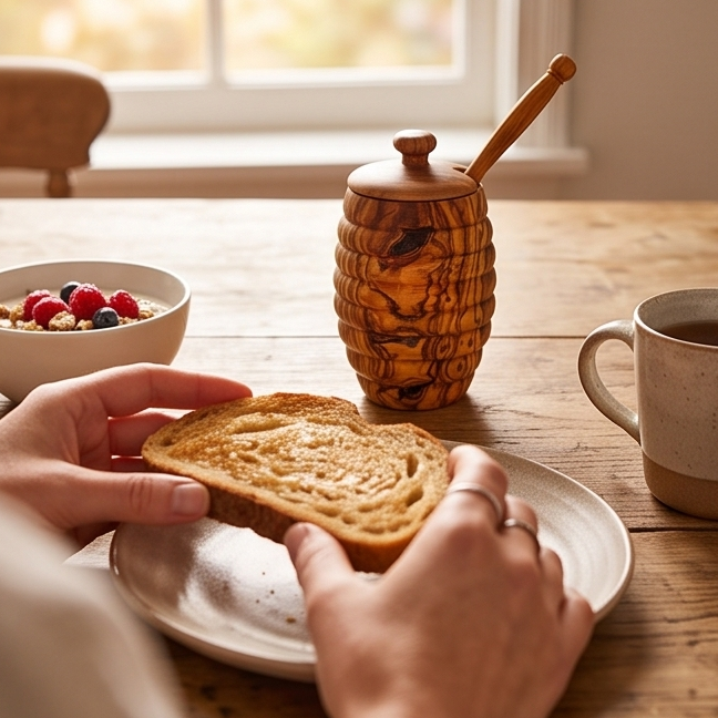 Handcrafted Hive Shaped Olive Wood Honey Pot with Dipper | 7x13 cm
