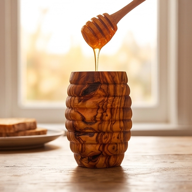 Handcrafted Hive Shaped Olive Wood Honey Pot with Dipper | 7x13 cm