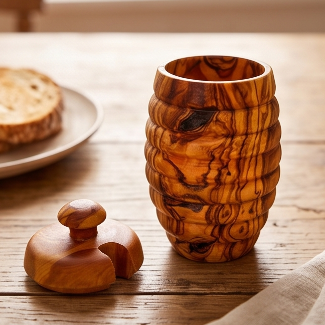 Handcrafted Hive Shaped Olive Wood Honey Pot with Dipper | 7x13 cm