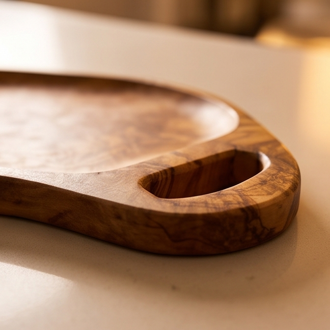 Handcrafted Irregular Olive Wood Serving Tray with Handles | Live Edge Platter