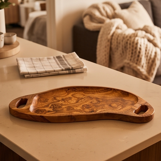 Handcrafted Irregular Olive Wood Serving Tray with Handles | Live Edge Platter