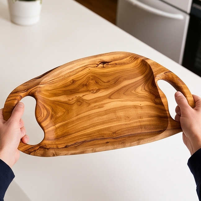 Handcrafted Irregular Olive Wood Serving Tray with Handles | Live Edge Platter